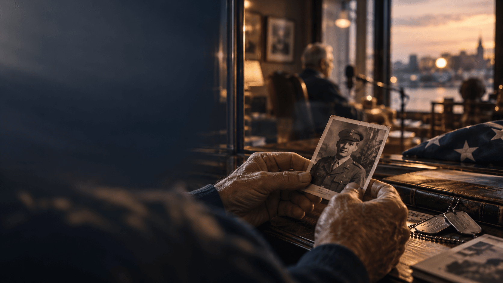 Family member holding an archival military portrait beside a folded American flag and service memorabilia
