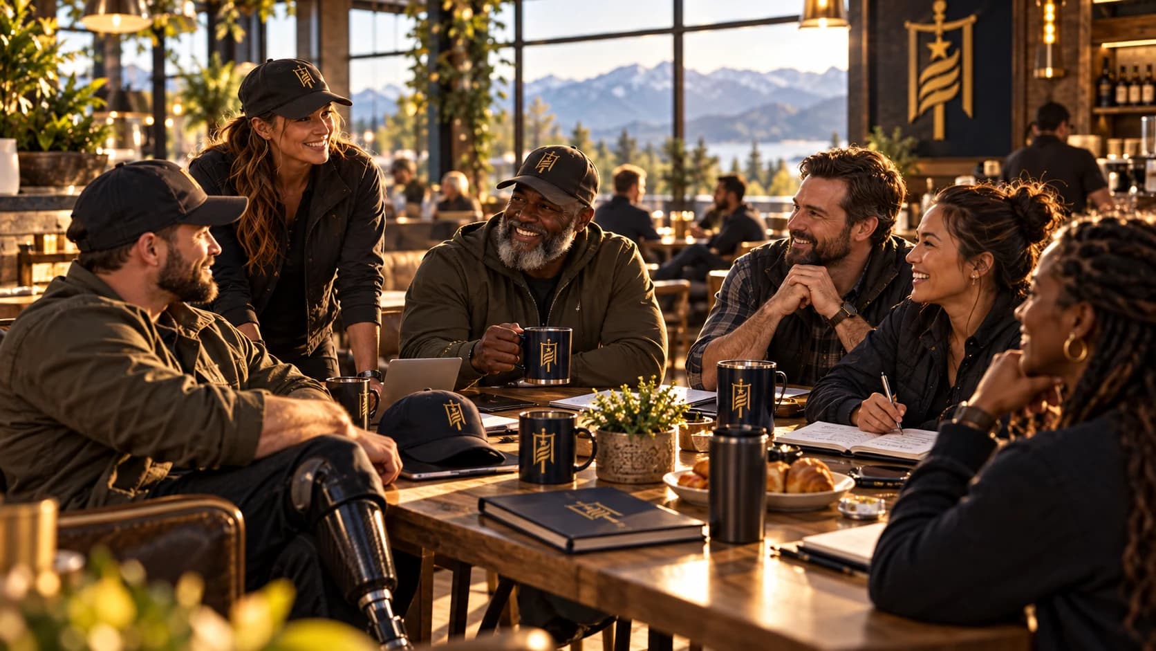 Veterans gathering in conversation around a table