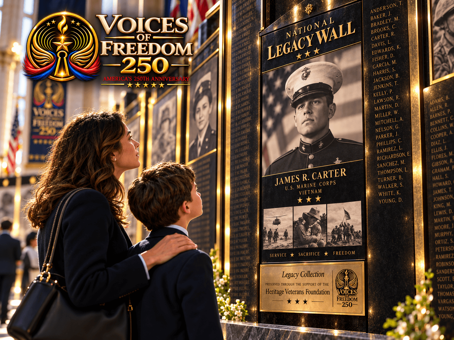 A family viewing a National Legacy Wall tribute
